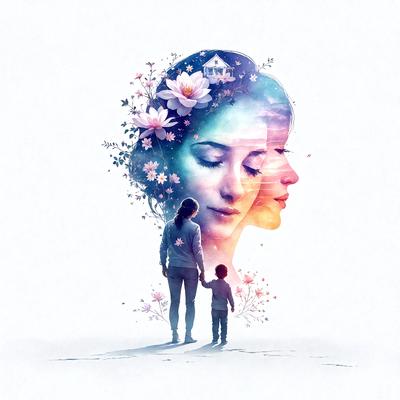 The primary subject of the image is a woman and a child, with the woman holding the child. They are surrounded by a beautiful floral arrangement, which adds a touch of nature and elegance to the scene. The setting appears to be a peaceful, outdoor environment, possibly a garden or a park. The visual style of the image is a combination of photo and digital art, creating a realistic yet artistic representation of the woman and child. The colors and mood of the image are warm and inviting, with the vibr